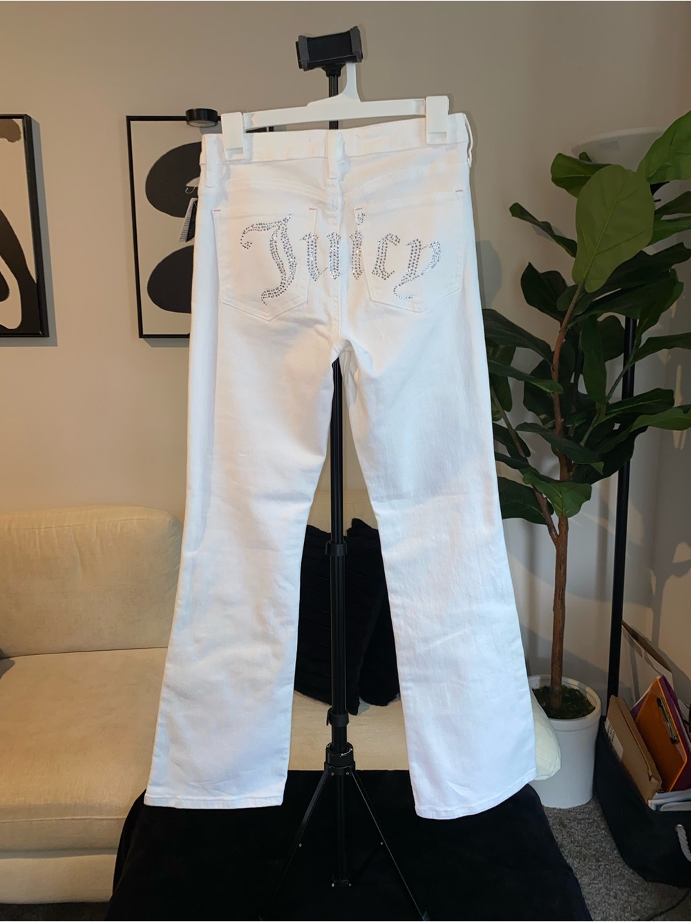 Juicy Couture Y2K white bootcut jeans with rhinestone logo on back